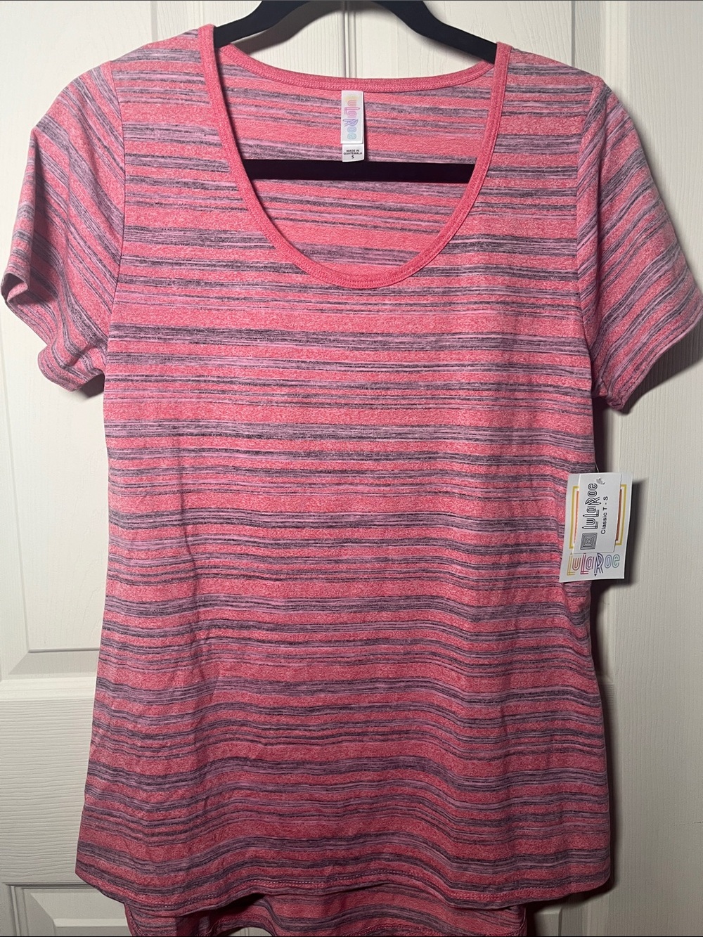 LuLaRoe Pink and Gray Striped Short Sleeve Scoop Top